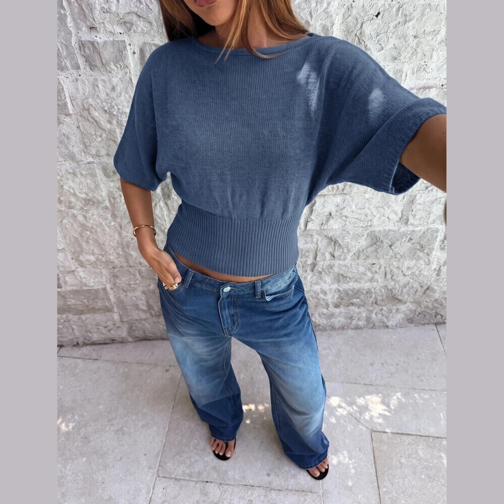 Slate Blue Ribbed Knit Boat Neck Dolman Sleeve Cropped Sweater